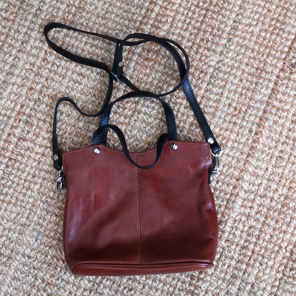 Leather Crossbody Bag in Brown with Black Strap